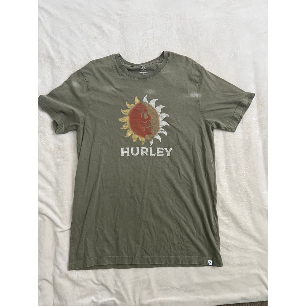 Hurley Mens Graphic T-Shirt Olive Green Skull Sun Surf Skate Tee Large 0096
